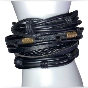 New Bracelets Faux Leather Adjustable 4 Piece Women Men Black & Goldtone NWOT